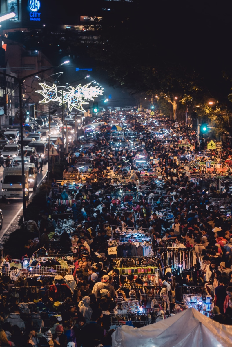 architecture, high angle view, city life, street, illuminated, retail, crowded, crowd, large group of people, building exterior, 4K, women, baguio city public market