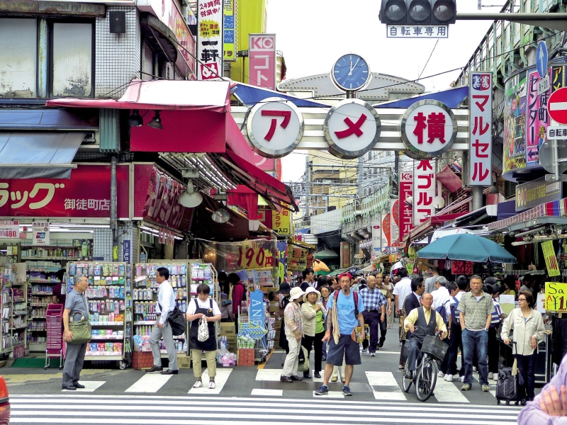 city street, group of people, road, walking, community, crowd, real people, people, city life, ueno, architecture, communication, 2K, market, japan, men