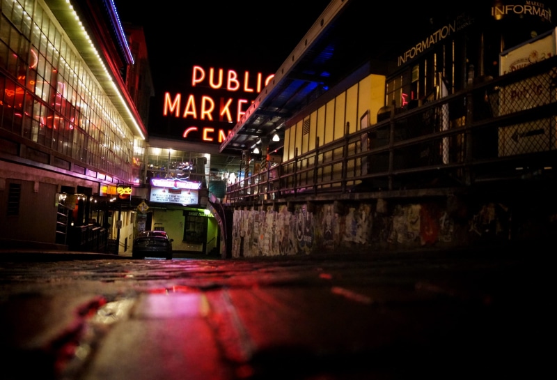 united states, transportation, illuminated, building exterior, alley, nightlife, seattle, city, downtown seattle, text, night, communication, 2K, neon