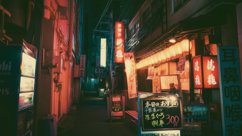 architecture, night, neon, information, illuminated, business, sign, no people, communication, commercial sign, black, non-western script, Masashi Wakui