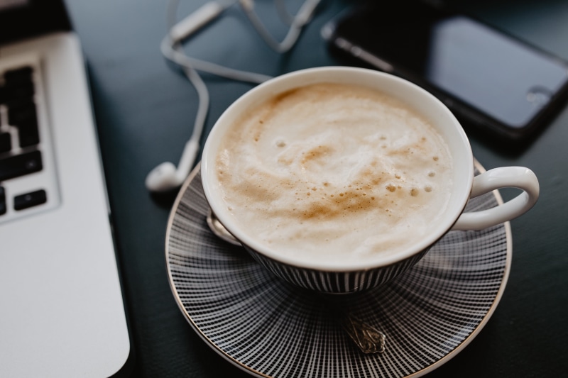 connection, mug, male, designer, man, drink, indoors, latte, keyboard, still life, working, cafe, desk, workspace, crockery, food and drink, 4K, coffee - drink