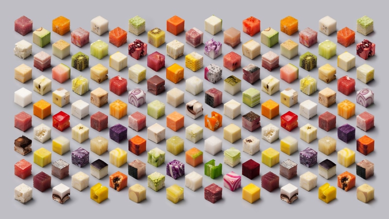 melons, unhealthy eating, high angle view, food cubes, simple background, close-up, variation, 2K, sweet, geometry, lettuce, studio shot, orange (fruit)
