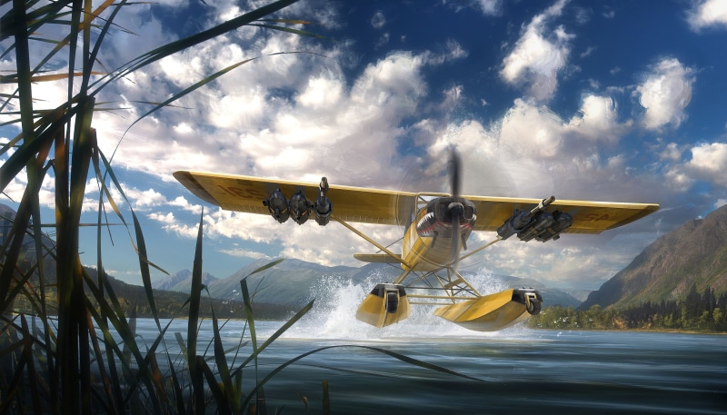 video games, mode of transportation, 2K, sky, airplane, tranquility, scenics - nature, Far Cry 5, cloud - sky, dune, plant, Far Cry, day, nautical vessel