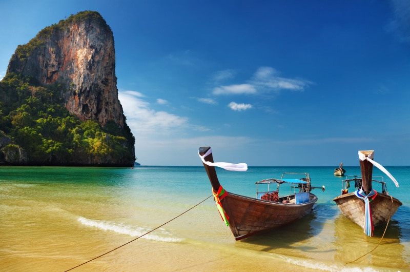 water, longtail Boat, sand, journey, landscape, brown, lagoon, horizon over water, bay Of Water, travel Destinations, vacations, idyllic, tropical, blue