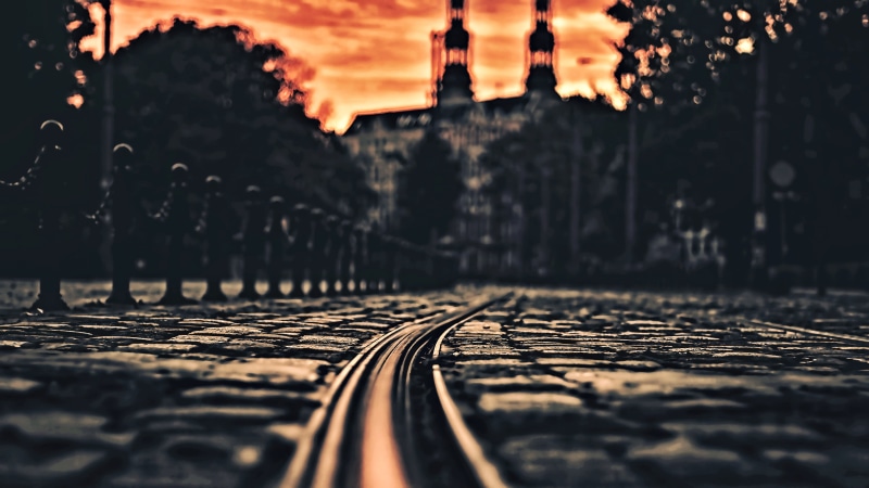 railroad track, building exterior, surface level, city, track, transportation, pavements, near, Poznan, travel, sunset, rail transportation, brick, floor
