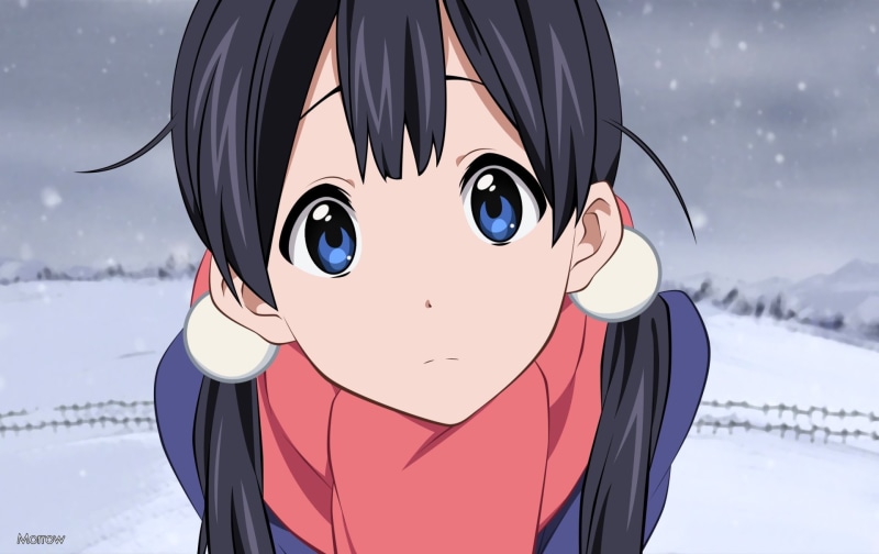 mountain, one person, winter, headshot, focus on foreground, Tamako Market, portrait, cold temperature, Tamako Kitashirakawa, body part, 1080P, looking at camera