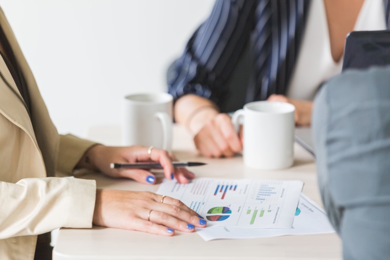 business person, midsection, two people, indoors, Professional, women, Meetings, corporate business, communication, charts, 4K, reading, Office, coworker