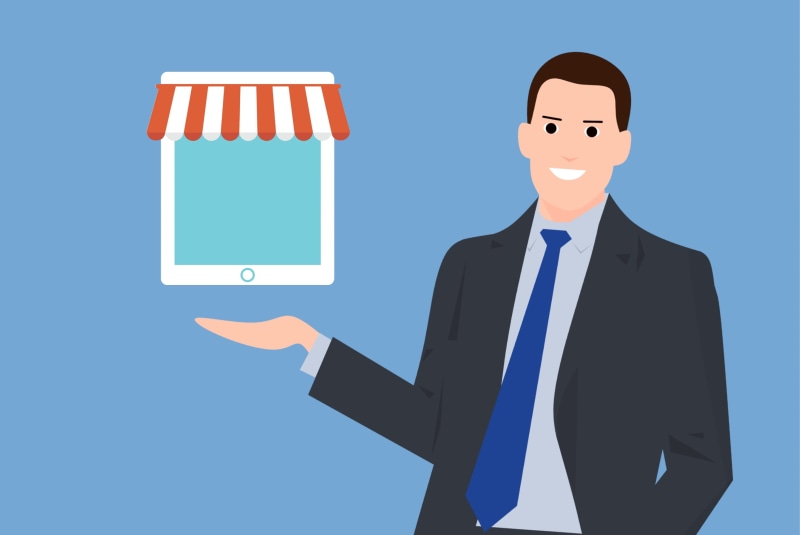 illustration, commerce, corporate business, purchase, standing, buy, communication, people, males, blue background, e-commerce, shopping, web, menswear