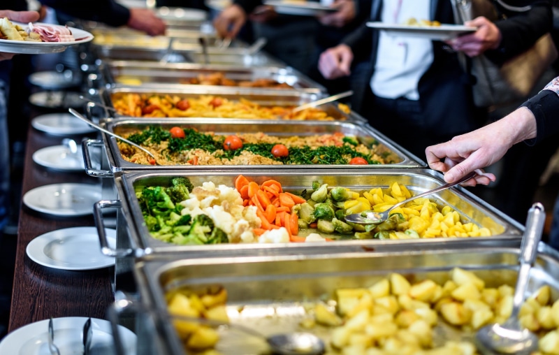 buffet, market stall, market, dinner, freshness, stainless, people taking food, variation, hand, gray, preparing food, people, food and drink, catering