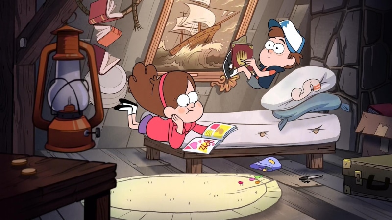 Gravity Falls, connection, indoors, 1080P, high angle view, music, communication, no people, animal, furniture, cable, table, lighting equipment, light