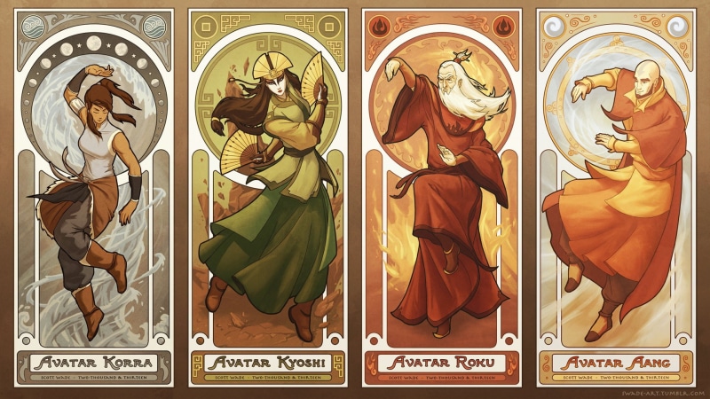 1080P, Roku, Alphonse Mucha, Korra, Kyoshi, Avatar: The Last Airbender, elements, Aang