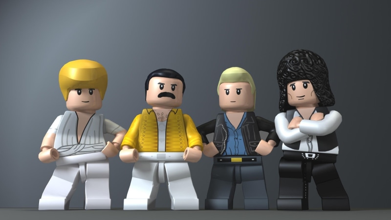 2K, Freddie Mercury, toy, gray, indoors, side by side, LEGO, emotion, doll, front view, people, studio shot, childhood, group of people, males, female likeness