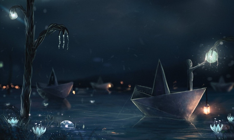 illustration, floating, ship, nature, 720P, lighting equipment, sailing, paper boats, boat, lantern, no people, sailing ship, sea, craft, passenger craft