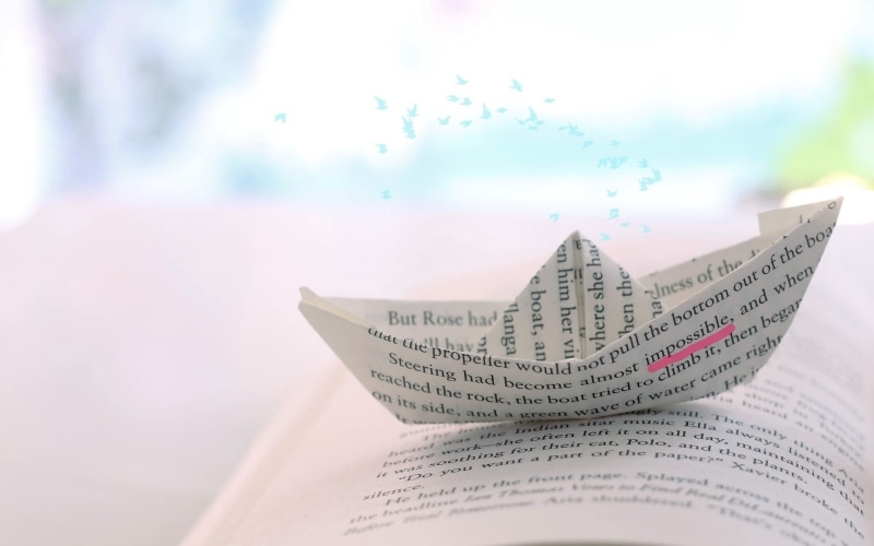 book, western script, indoors, origami, communication, concepts, day, ideas, still life, 1080P, fragility, text, publication, boat, paper, open, home interior