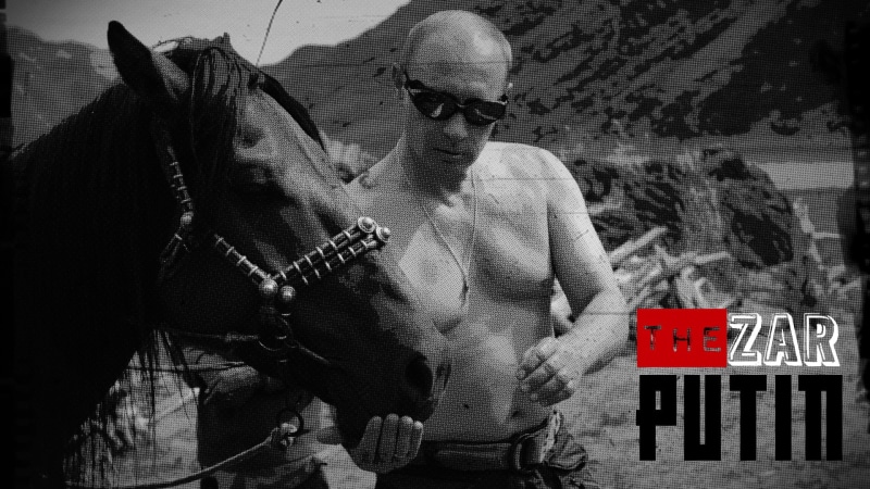 front view, horse farm, horse, shirtless, Vladimir Putin, focus on foreground, fashion, presidents, looking, waist up, men, adult, standing, sunglasses
