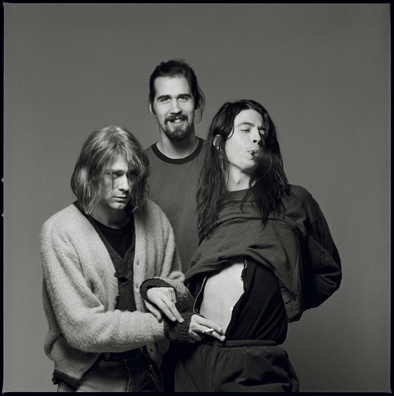 cigarettes, Dave Grohl, Kurt Cobain, simple background, 720P, portrait, Krist Novoselic, Nirvana, monochrome, men, grunge, band
