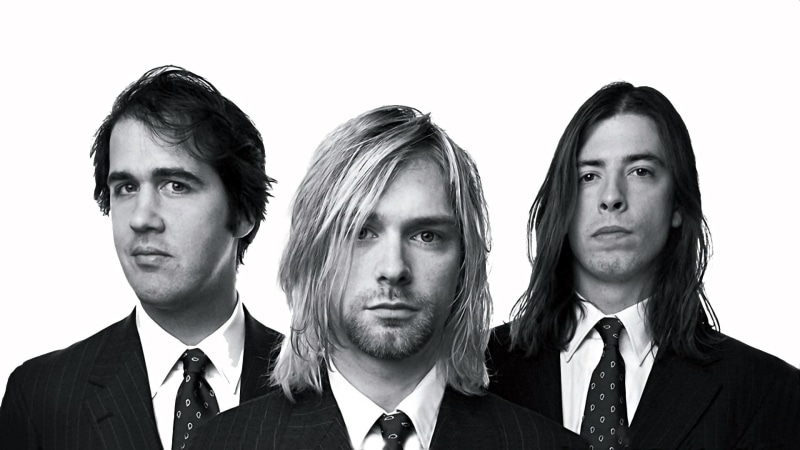 group of people, males, headshot, business person, multiple image, nirvana kurt cobain dave grohl krist novoselic, 1080P, looking at camera, coworker