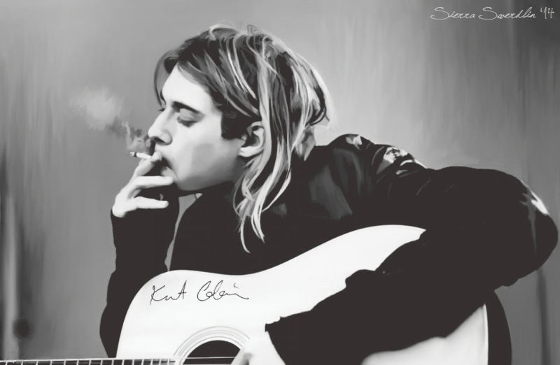 watermarked, straight hair, Kurt Cobain, 720P, guitar, Nirvana, cigarettes, artwork, looking below, smoke, drawing, smoking, grunge, bokeh, musical instrument