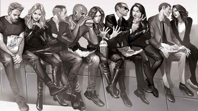 artwork, clothing, Agents of S.H.I.E.L.D., men, females, sitting, people, mid adult, males, monochrome, movie, arts culture and entertainment, music, indoors