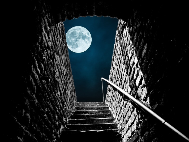 full moon, old, building, planetary moon, stone stairway, night sky, 2K, rise, up, outdoors, moon, stone steps, building exterior, staircase, concrete