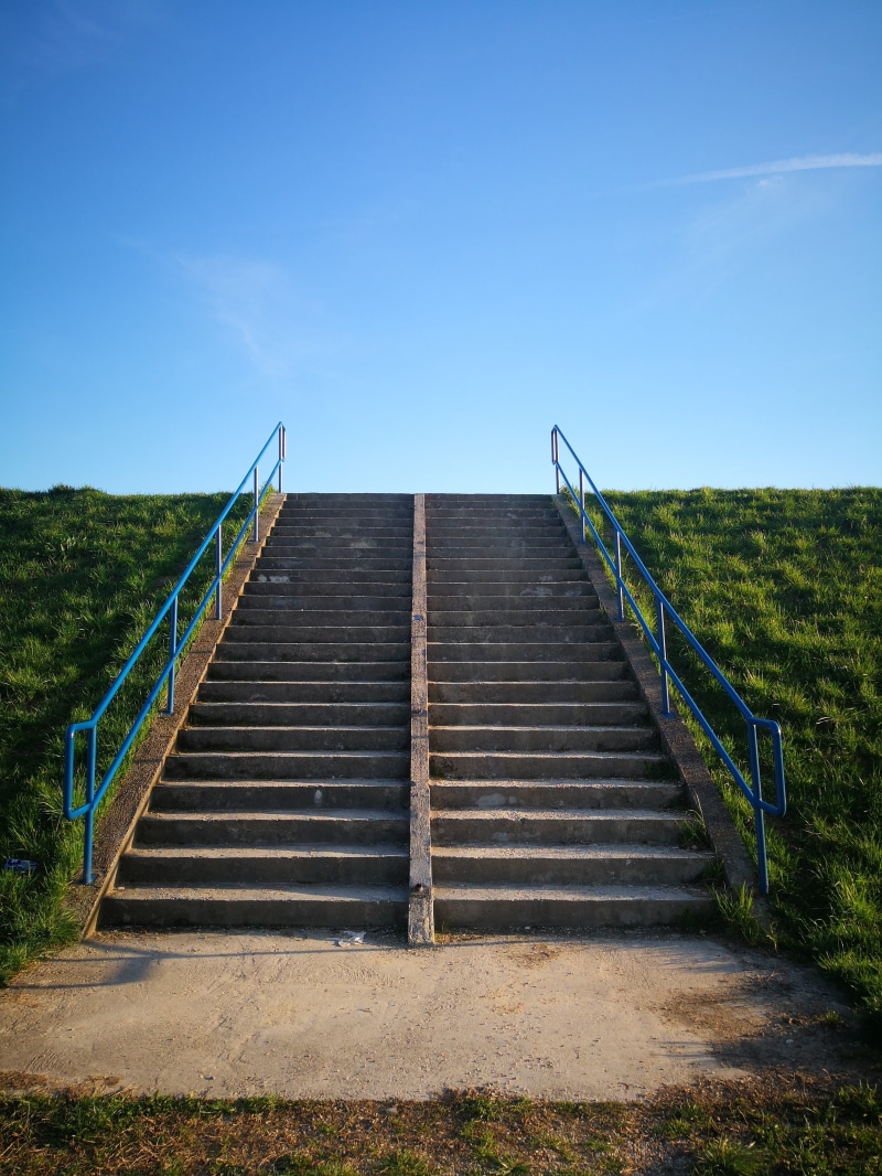 staircase, stairway, no people, 4K, clear sky, walking, steps and staircases, plant, success, direction, blue, railing, step, architecture, low angle view