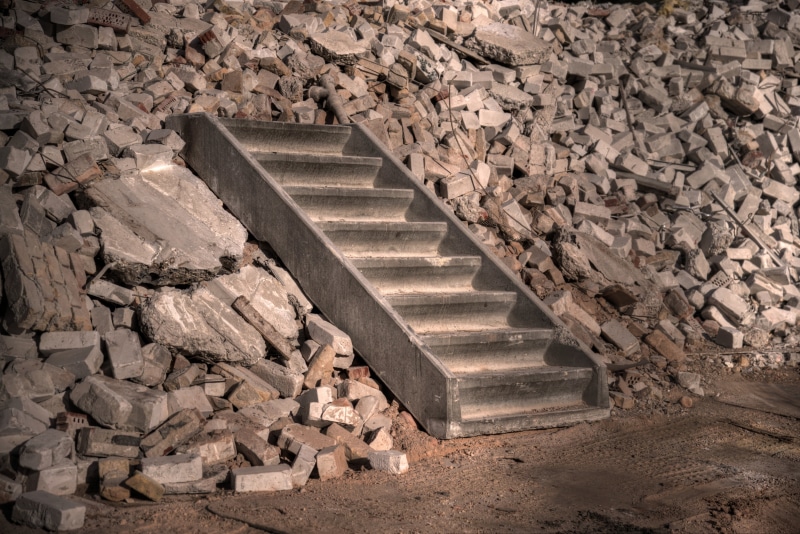 transportation, ladder, indoors, grey, stone, demolition, day, large group of objects, progress, steps and staircases, concrete, direction, stone material