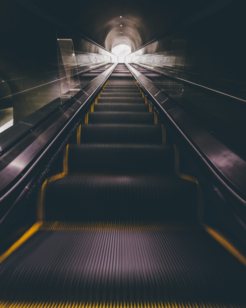 inside, diminishing Perspective, transportation, station, railing, technology, illuminated, angle, walking, empty, the way forward, upward, low, photography