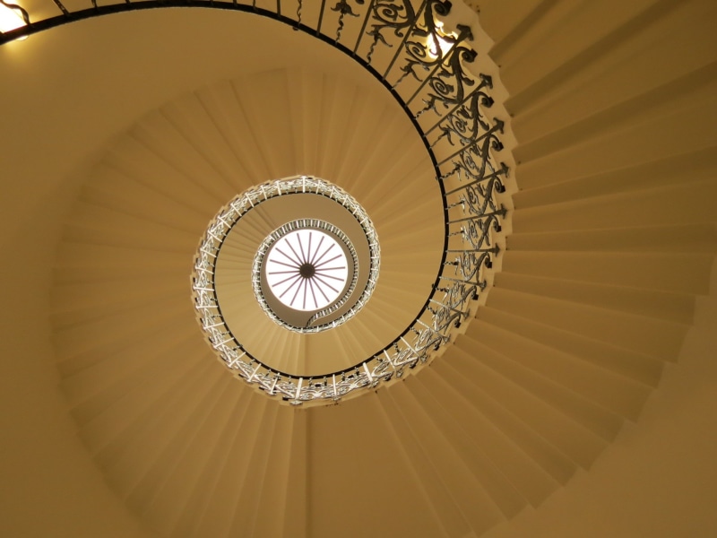 swirl, railing, concentric, nautilus, circular, directly above, building, ceiling, structure, cupola, shape, low angle view, pattern, spinning, banister