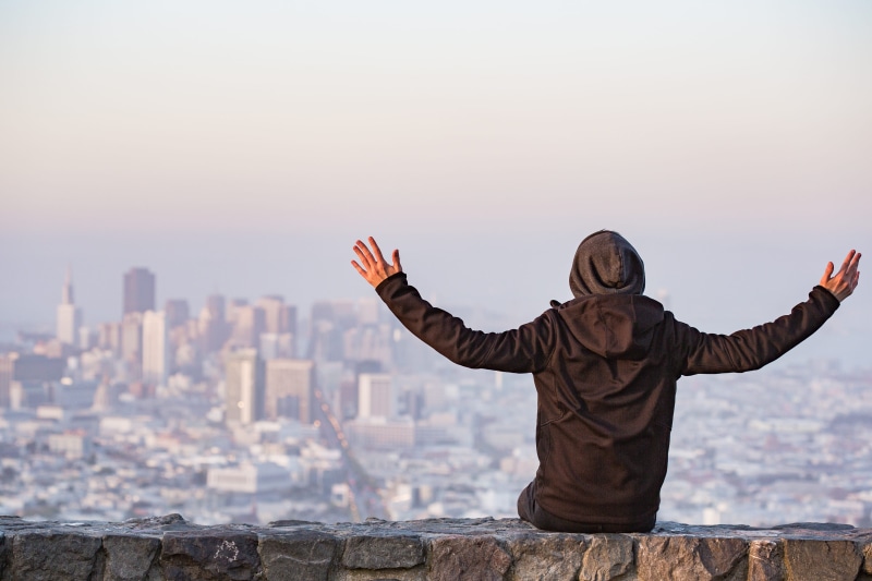 people, happy, limb, open, one Person, standing, top, San Francisco, lifestyles, architecture, usa, view, sky, freedom, rear view, cityscape, arms, men