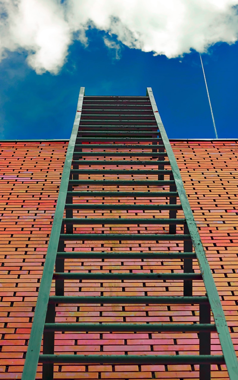 success, metaphorical, tool, sky, top, house, cloud - sky, lane, city, 2K, outdoors, brick, sunlight, staircase, roof, building, low angle view, steps