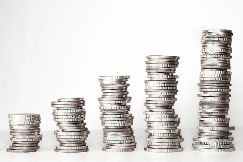 large group of objects, 4K, growth, studio shot, stack, success, money, white background, chart, abundance, currency, silver colored, wealth, making money
