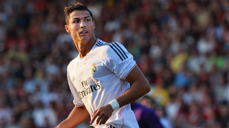 adult, men, Cristiano Ronaldo, basketball uniform, 1080P, Real Madrid, crowd, sportsman, black, sports uniform, incidental people, celebrity, waist up