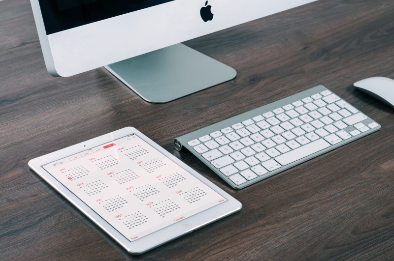 furniture, silver, computer, calendar, apple, white, office, still life, no people, connection, workspace, brown, mouse, apple imac, design, high angle view