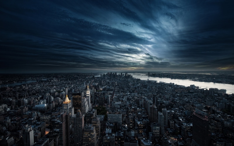 crowd, New York City, building, cityscape, nature, dark, landscape, high angle view, aerial view, urban skyline, clouds, travel destinations, river, city