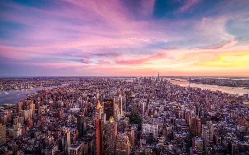 tall - high, high angle view, USA, cityscape, crowd, nature, sunset, city life, office building exterior, building, aerial view, residential district, architecture