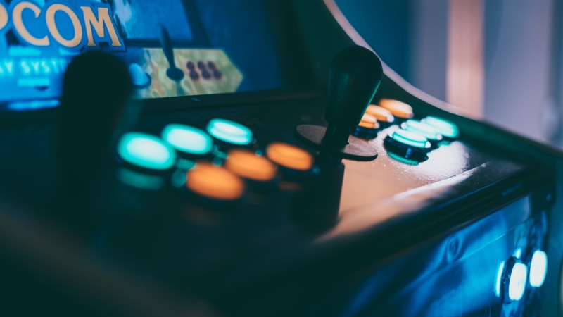 blue, illuminated, technology, selective focus, communication, focus on foreground, 1080P, indoors, joystick, light - natural phenomenon, machine, arcade