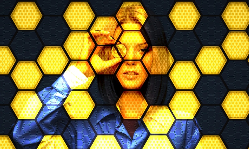 indoors, hexagon, built structure, virtual, financial, money, yellow, business, 4K, beauty in nature, coin, bitcoin, digital, geometric shape, pattern