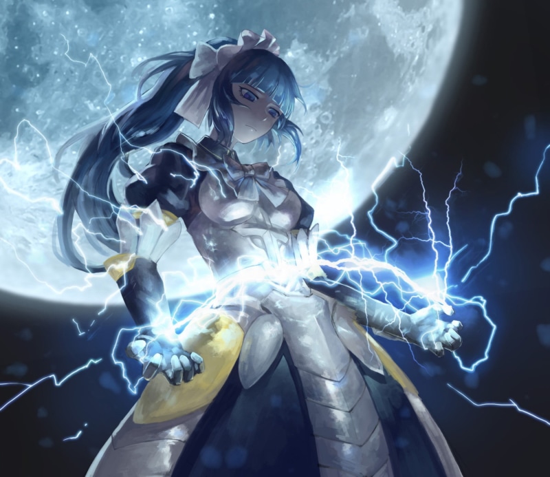 Gamma Narberal, blue, Moon, motion, Thunderbolt, holding, anime, nature, glowing, anime girls, indoors, human body part, blue hair, science, representation