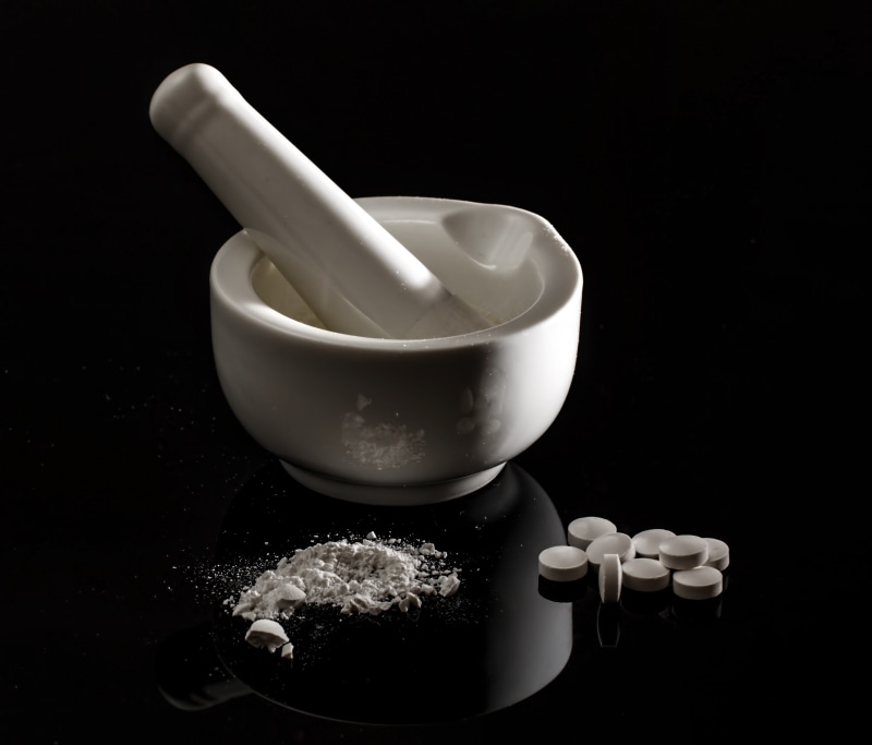 close-up, pills, chemist, still life, tablet, cup, freshness, crushing, crush, grind, healthcare and medicine, kitchen utensil, medical, white, mortar and pestle