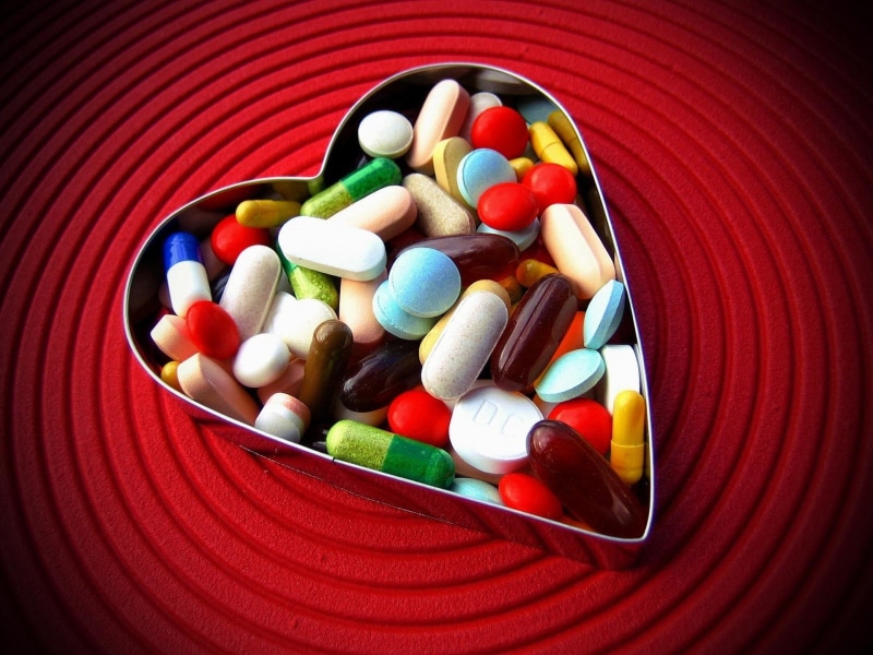 multi colored, medicine, red background, heart, pill, hospital, medicine And Science, tablets, container, care, pharmacy, illness, painkiller, white, abundance