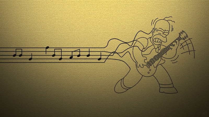 close-up, no people, music, wall - building feature, playing, communication, yellow, paper, electricity, pencil drawing, guitar, Homer Simpson, homer, notes