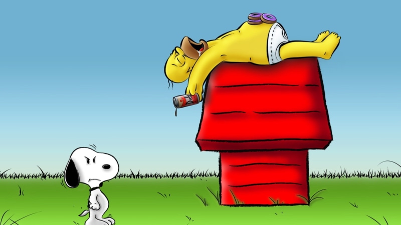 sunlight, cartoon, red, animal themes, humor, excitement, Homer Simpson, architecture, clear sky, green color, built structure, blue, day, Peanuts (comic)