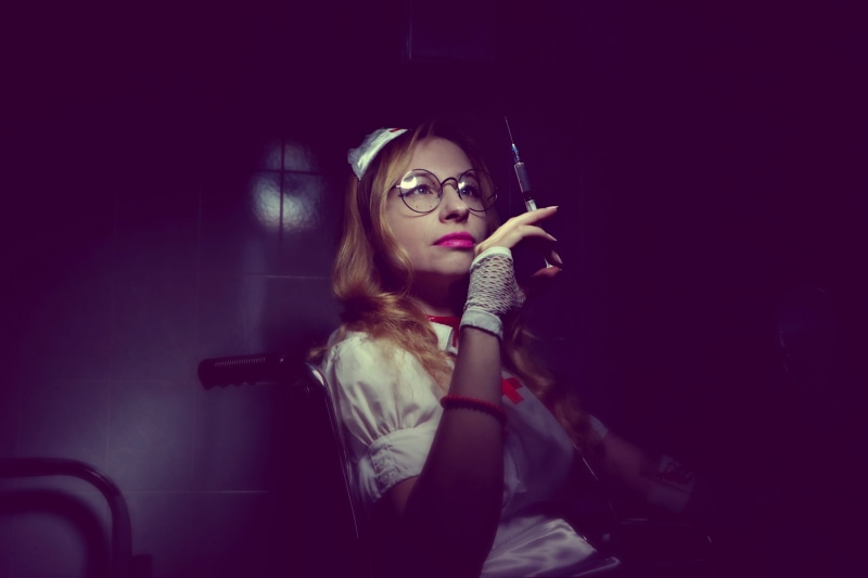 analysis, women, laboratory, indoors, nurse, blood, treatment, psychiatric hospital, an injection, health care, dark, clinic, 5K, injection, medic, young women