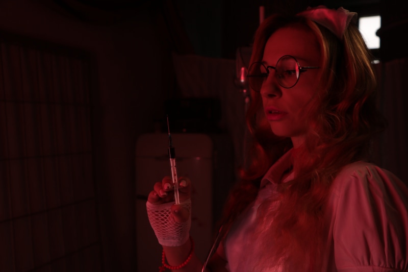 adult, fashion, one person, night, red, laboratory, injection, medicine, holding, lifestyles, violence, hairstyle, glasses, operation, 5K, contemplation