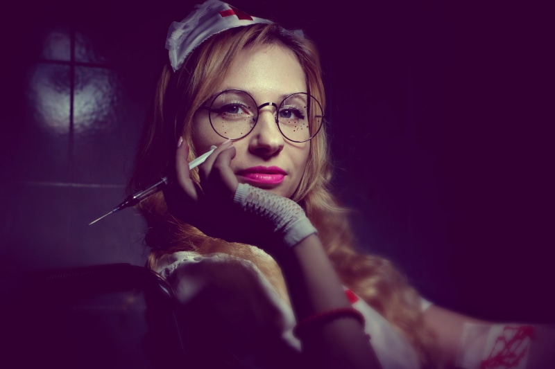 hair, violence, surgeon, women, halloween, beautiful woman, one person, a patient, hairstyle, indoors, experiments on people, night, disease, analysis
