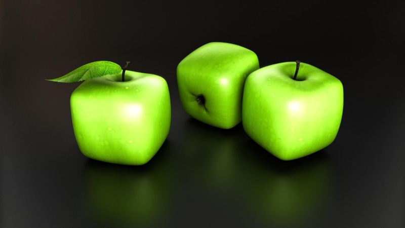 1080P, background, green color, food and drink, apples, group of objects, minimalism, apple, three objects, still life, two objects, 3D, cut out, green
