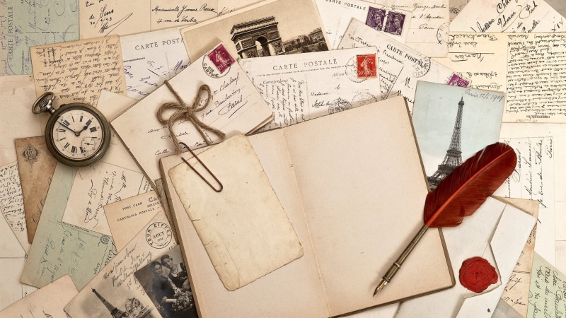 mail, pen, old, manuscript, table, quill Pen, watch, text, paper, parchment, document, the Past, dirty, directly above, textured, ink Well, history, postage stamp