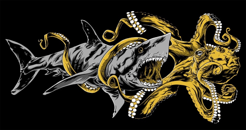 shark, yellow, black background, animals, artwork, gray, 1080P, octopus, squids