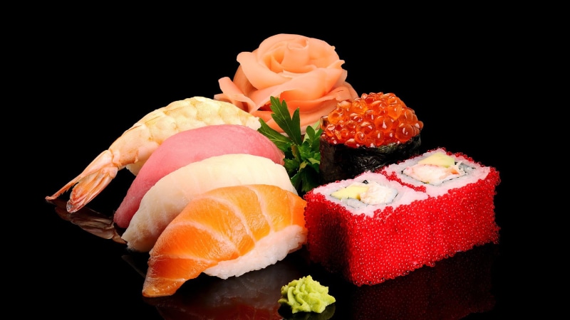 sushi, still life, 1080P, ready-to-eat, caviar, sashimi, appetizer, lettuce, prepared, no people, tomato, asian food, delicious, freshness, healthy eating
