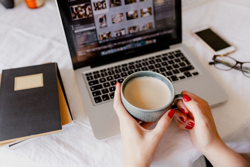 workspace, cup, 5K, technology, indoors, work, woman, computer, hot drink, furniture, drinking, high angle view, one person, study, desk, laptop, home office
